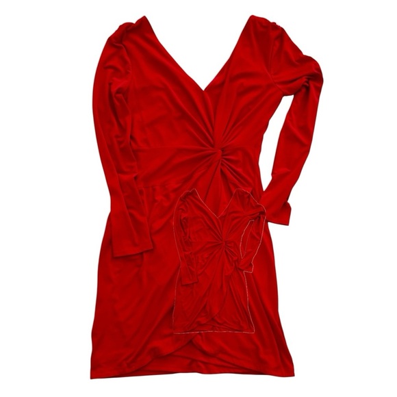 Guess Size 8 Bold Red Twist Front Bodycon Mini Dress | Long Sleeve V-Neck Fitted - Picture 5 of 14